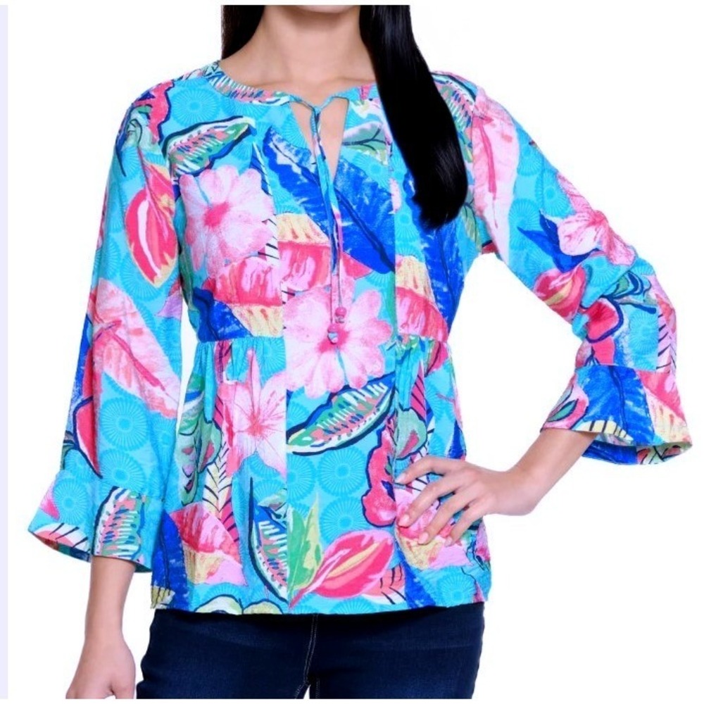 Ali Miles Womens XL Print Flounce‎ Sleeve Leaf Floral Blue Top Tunic NWT